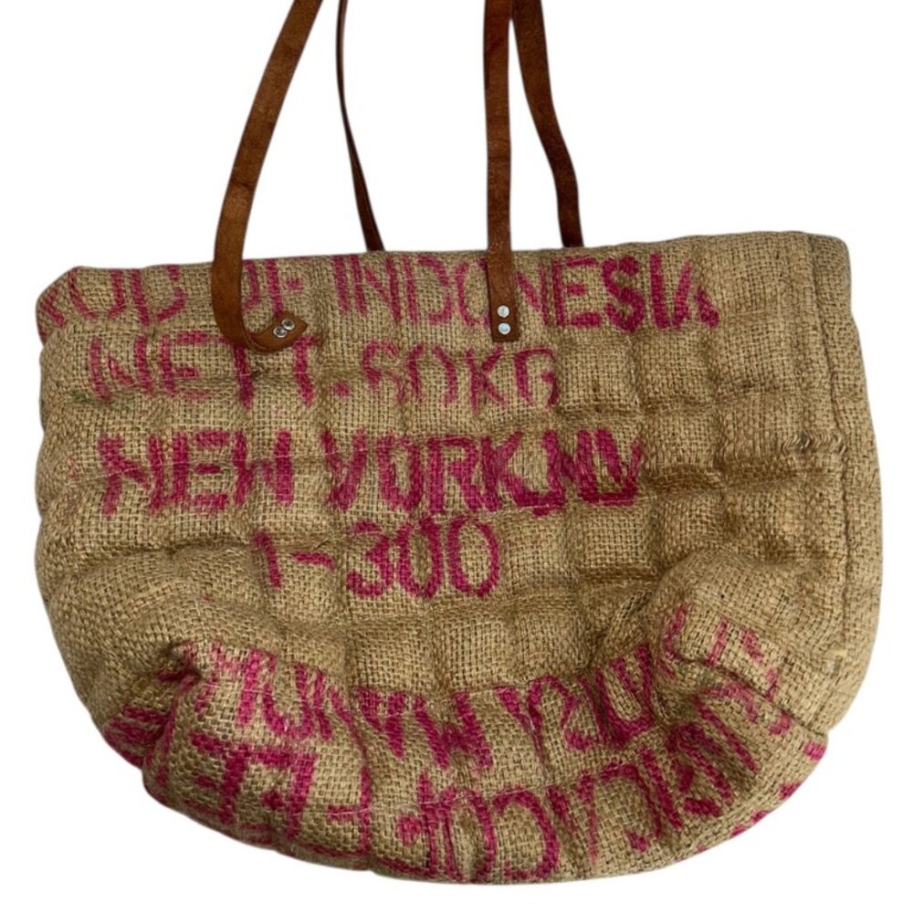Quilted burlap coffee bean bag leather strap tote bag purse
